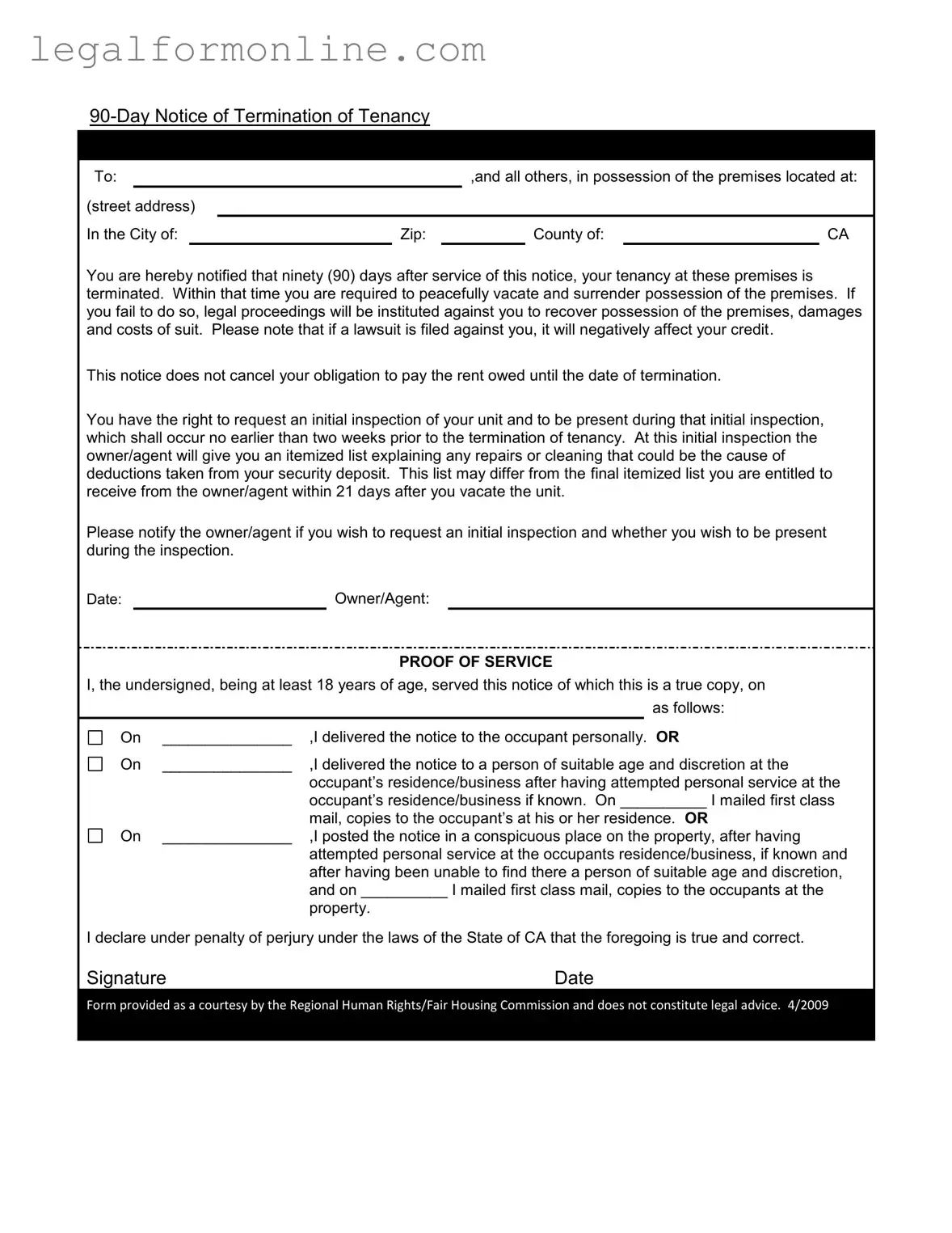 90 Day Notice To Move Out Template in PDF