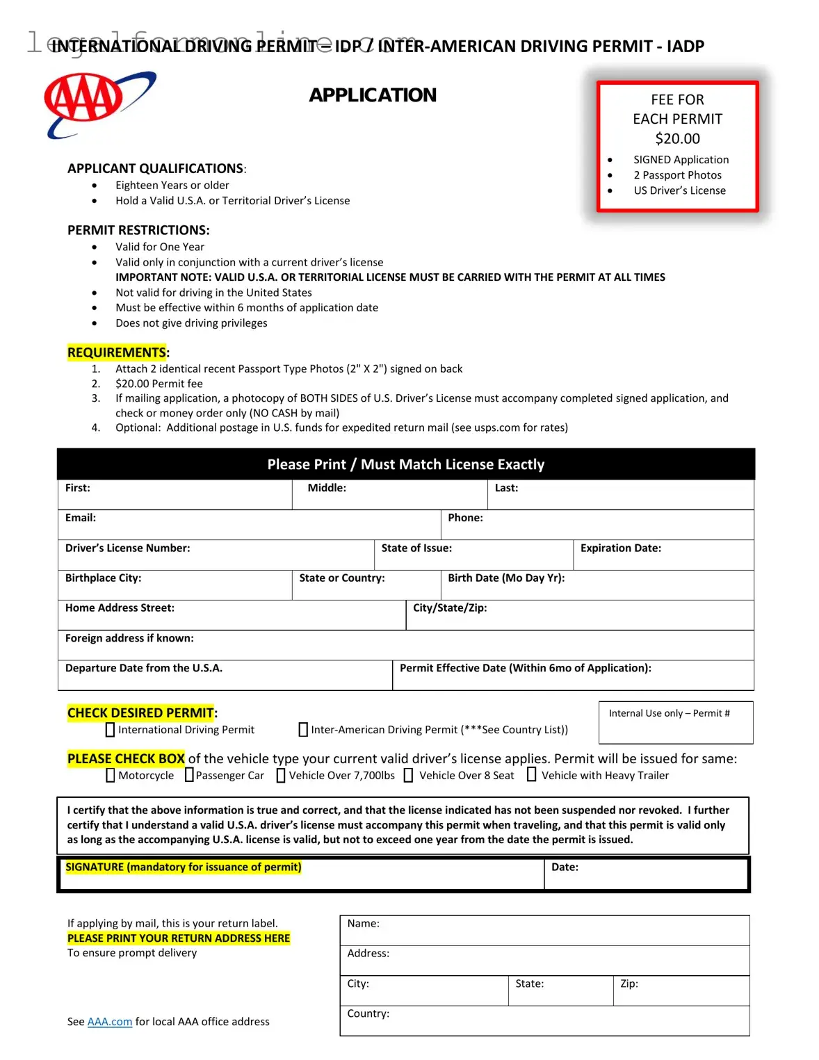 Aaa International Driving Permit Application Template in PDF