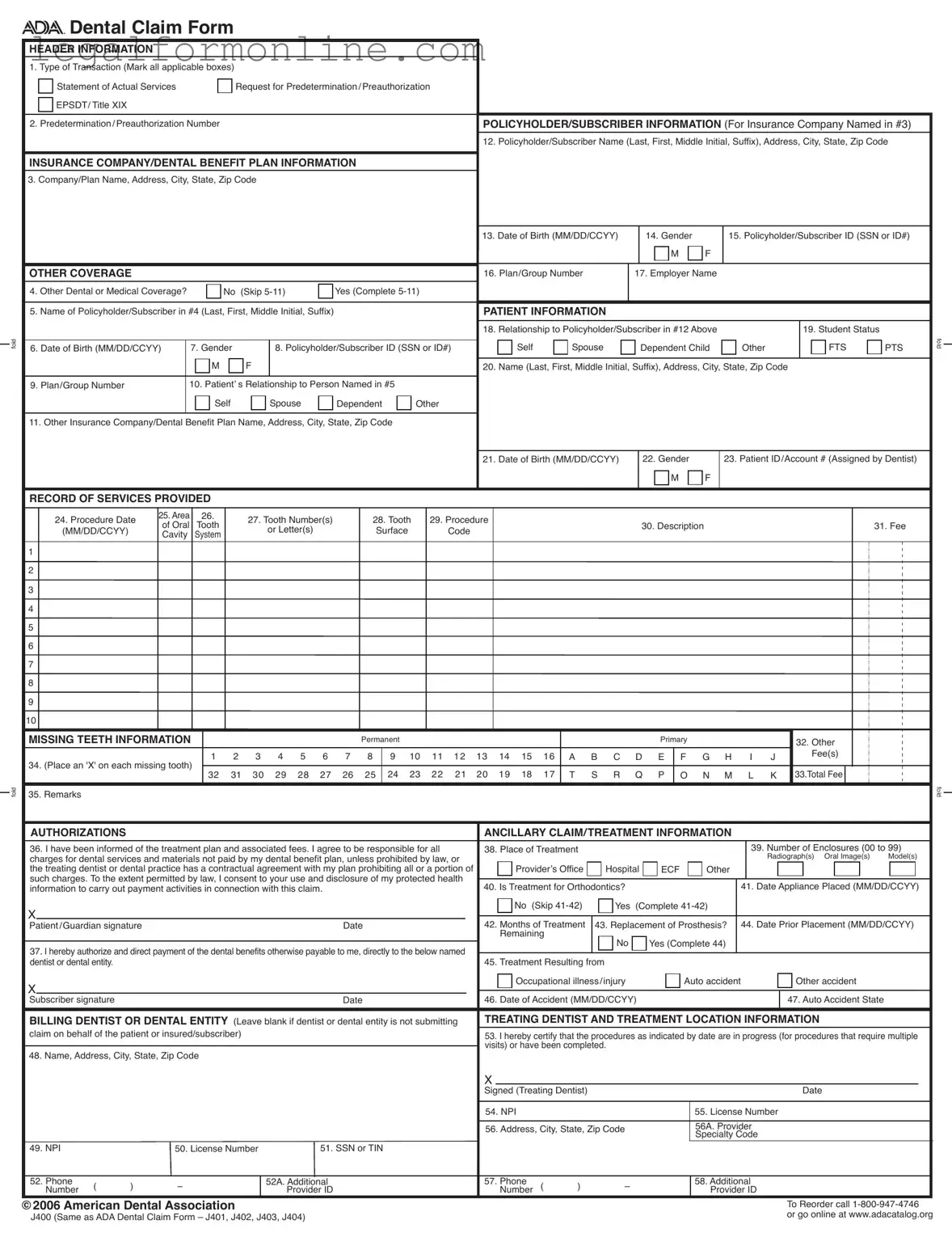Ada Dental Claim Template in PDF
