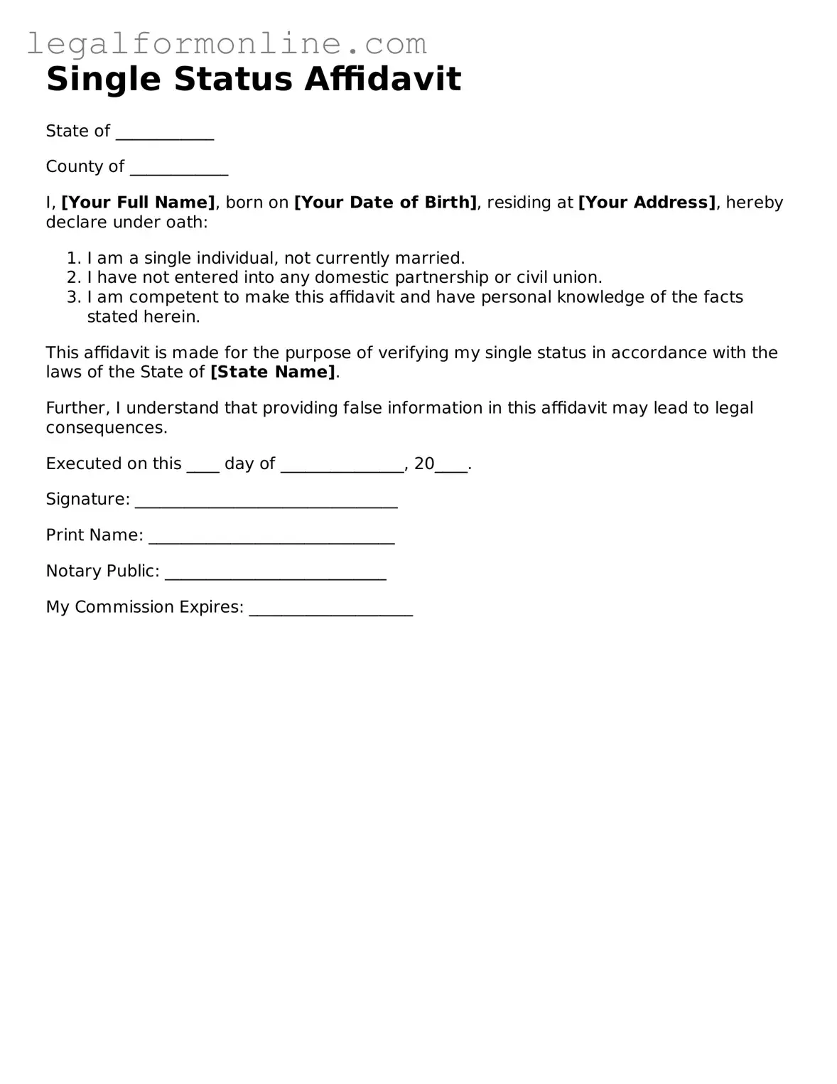Attorney-Approved Single Status Affidavit Template