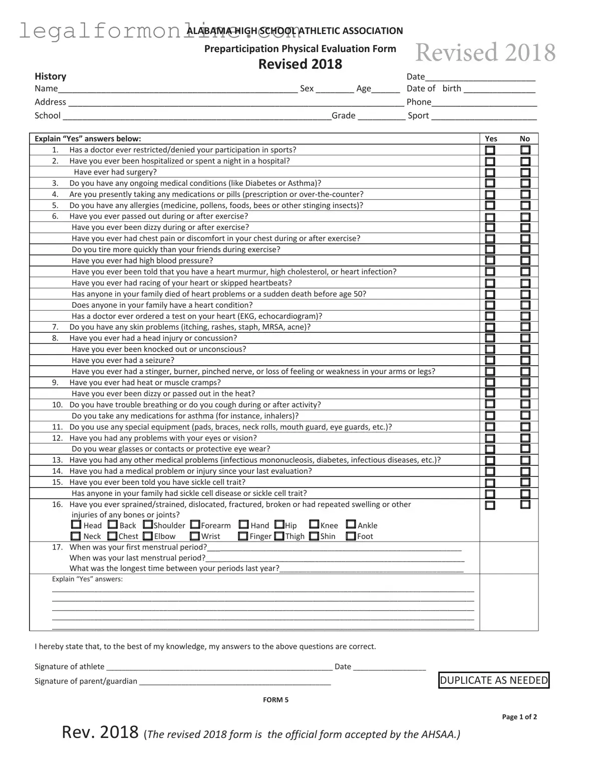 Alabama High School Physical Template in PDF
