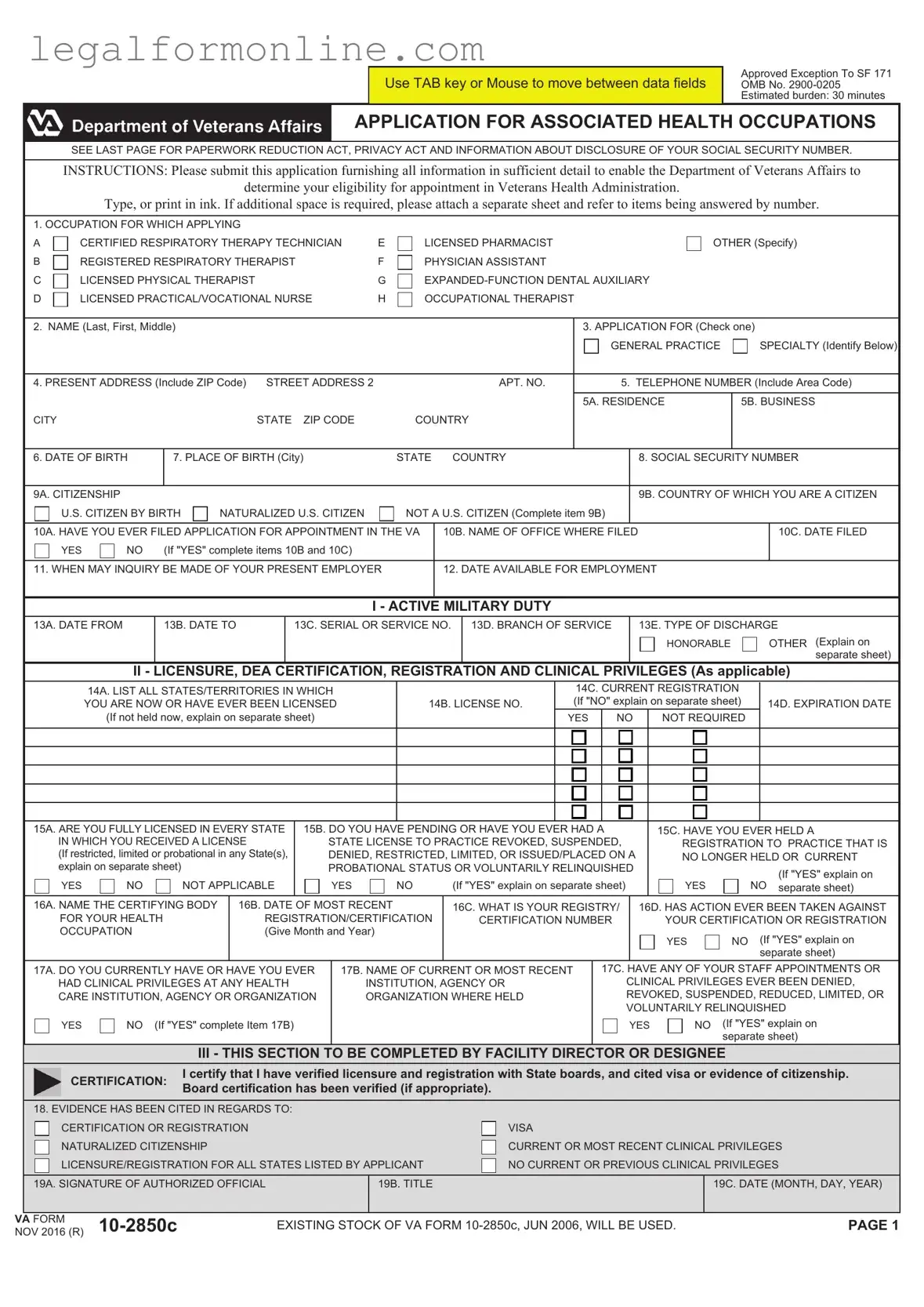 VA 10-2850c Template in PDF