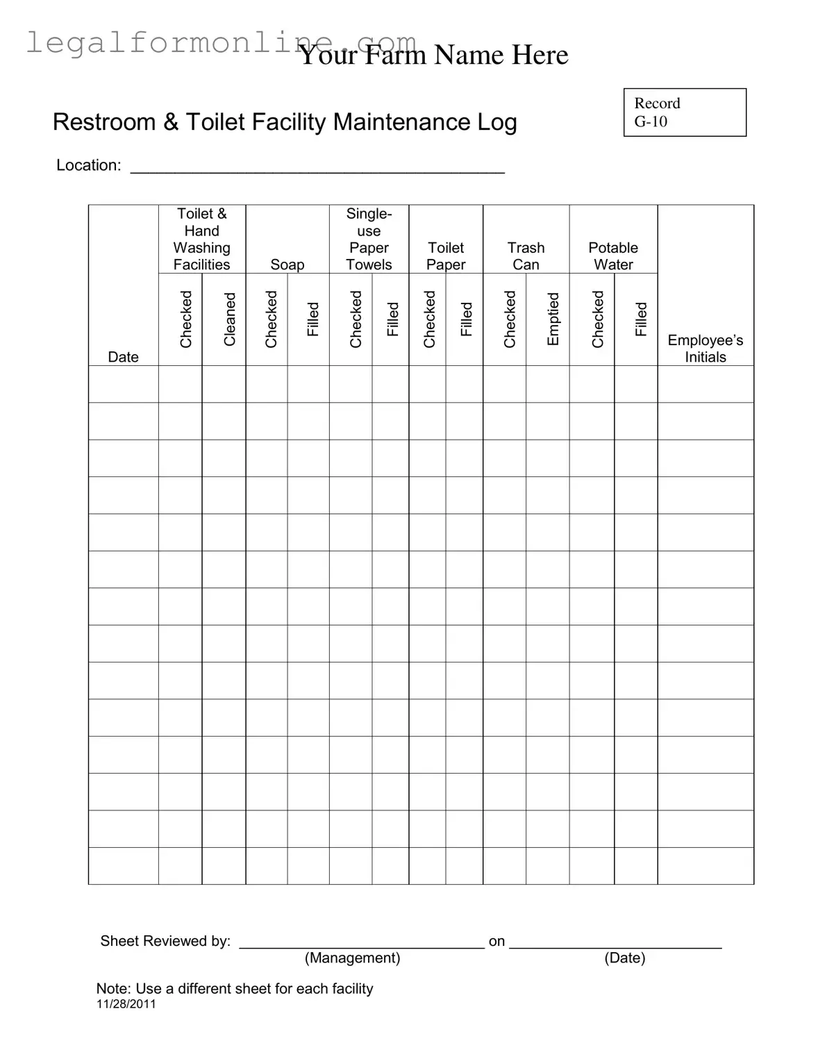 Bathroom Cleaning Log Sheet Template in PDF