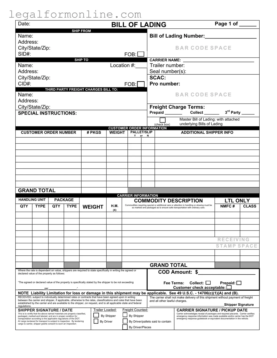 Bill of Lading with a Supplement Template in PDF