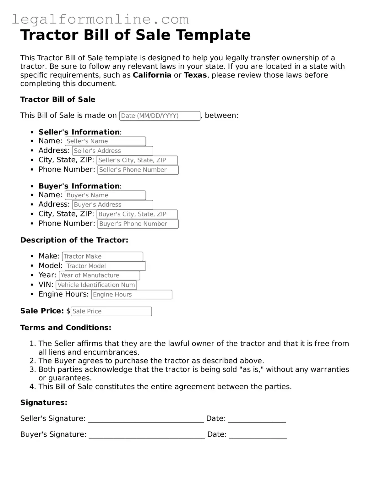 Attorney-Approved Tractor Bill of Sale Template