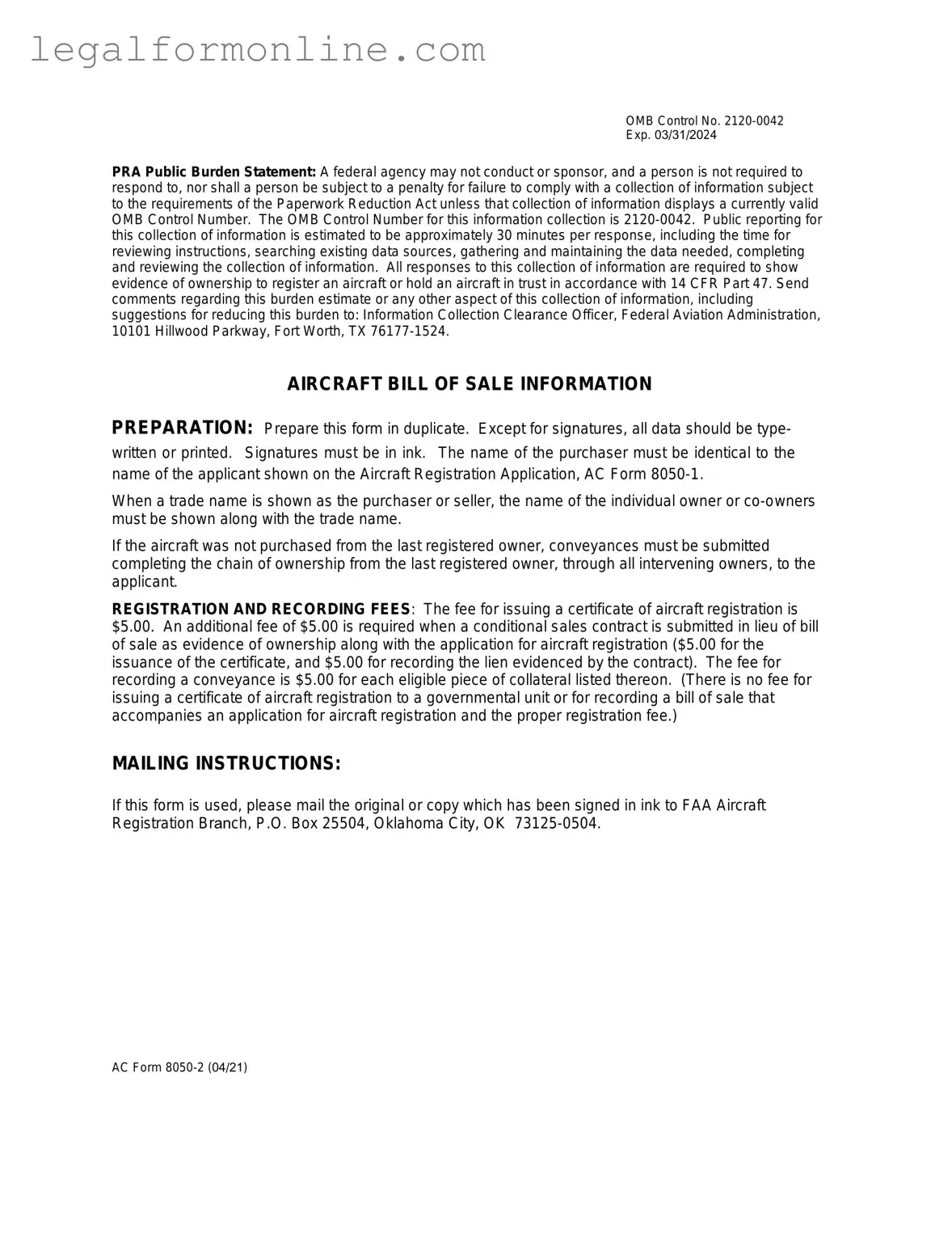 Aircraft Bill of Sale AC 8050-2 Template in PDF