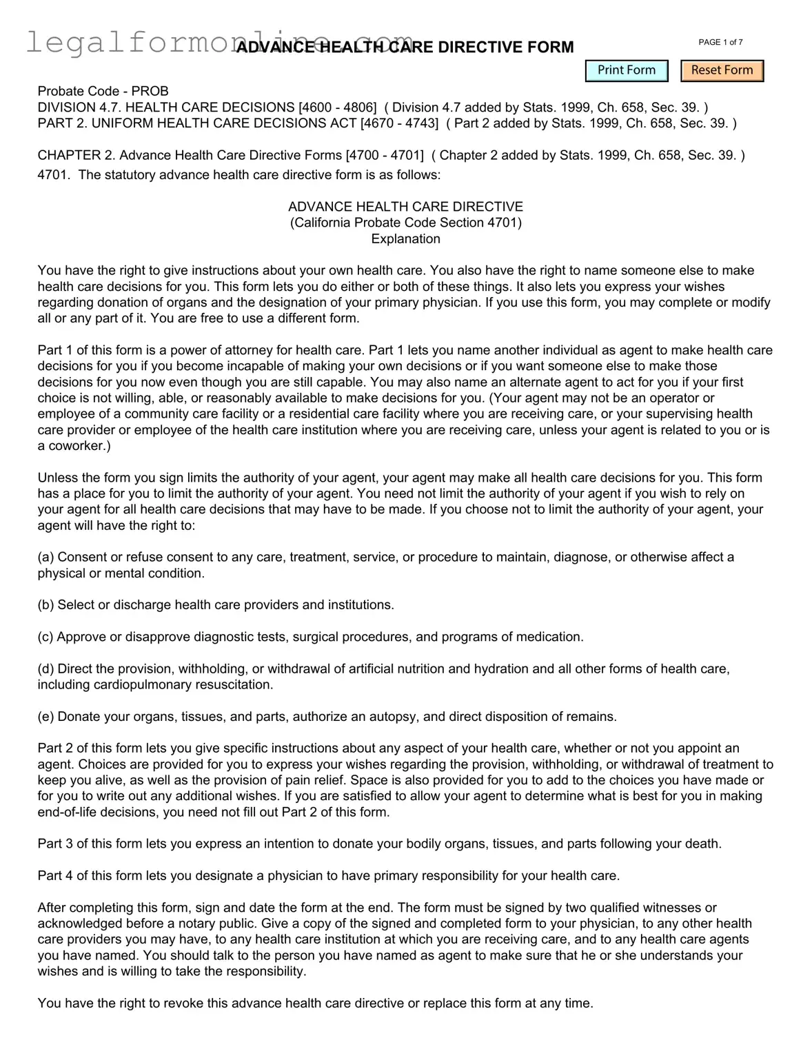 California Advanced Health Care Directive Template in PDF