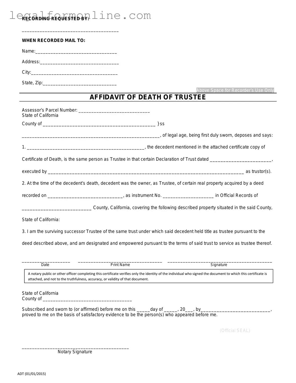 California Affidavit of Death of a Trustee Template in PDF