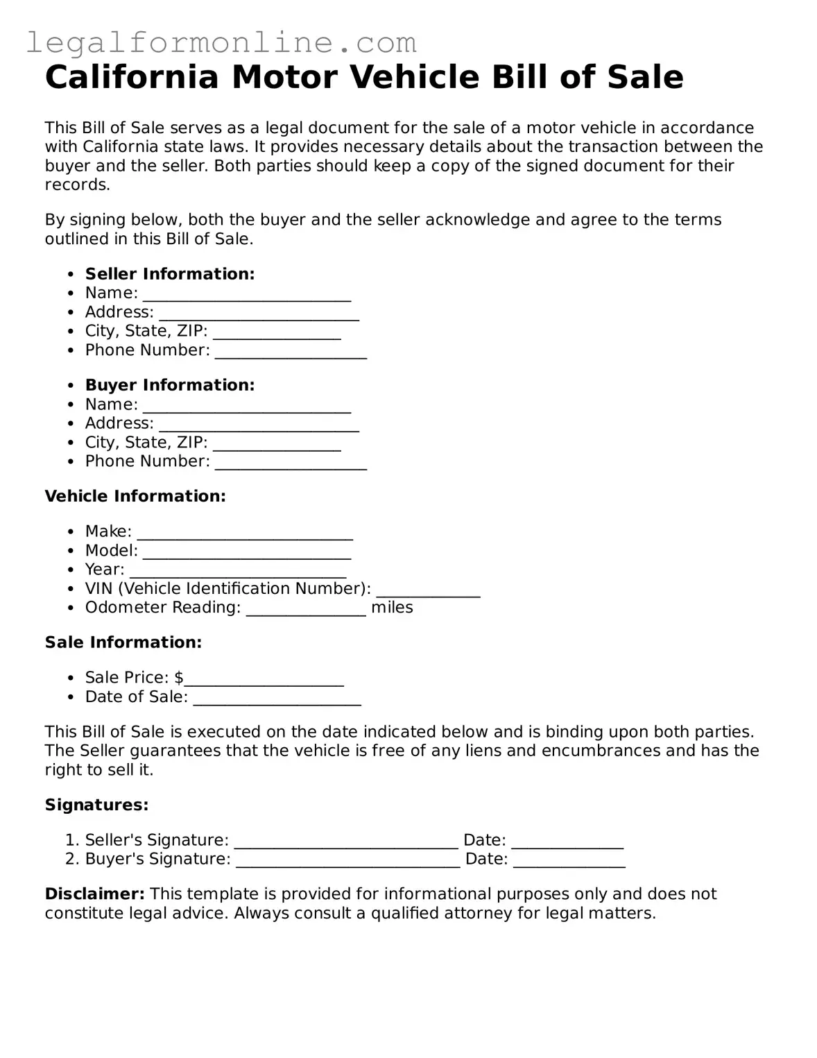  Motor Vehicle Bill of Sale Form for California
