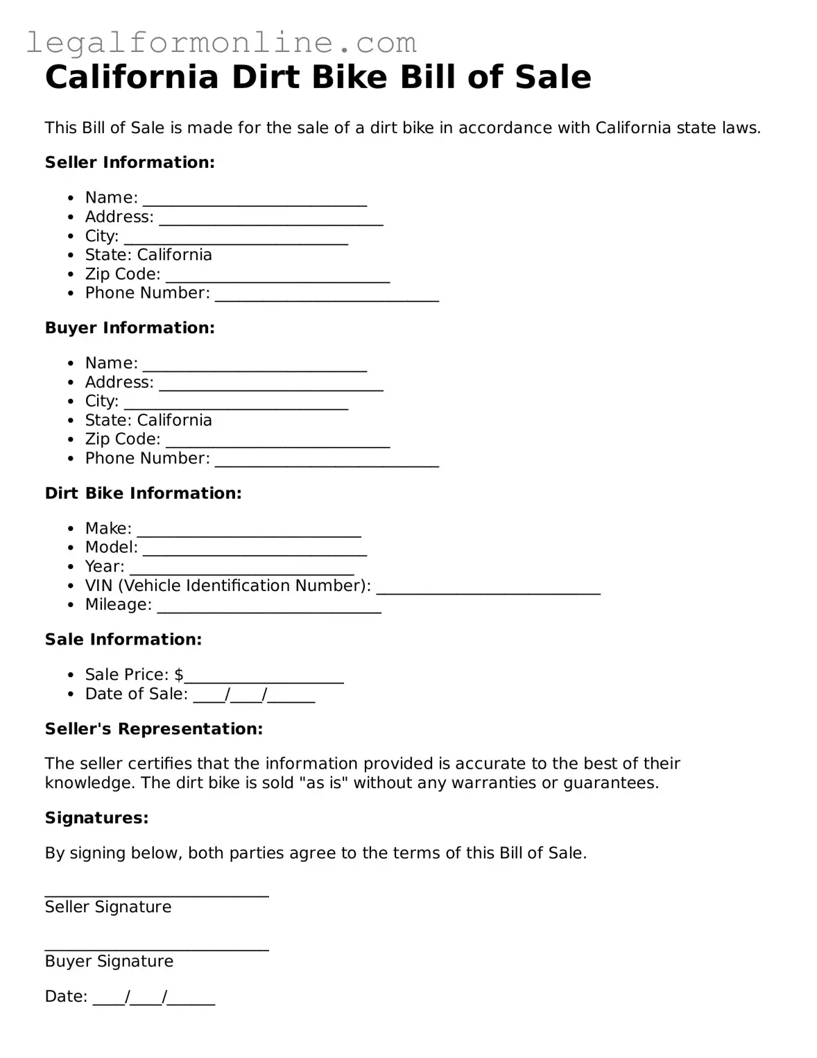  Dirt Bike Bill of Sale Form for California