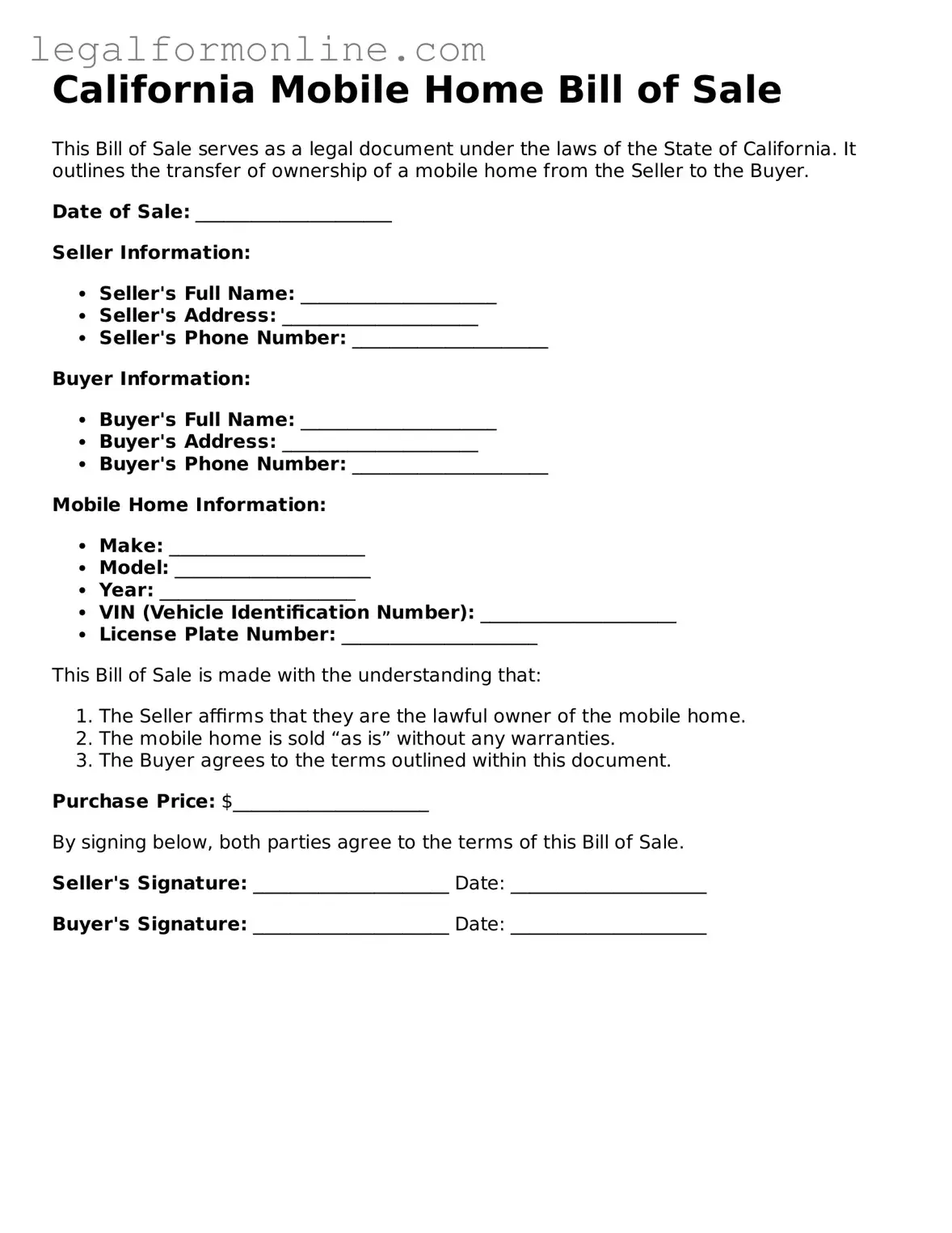  Mobile Home Bill of Sale Form for California