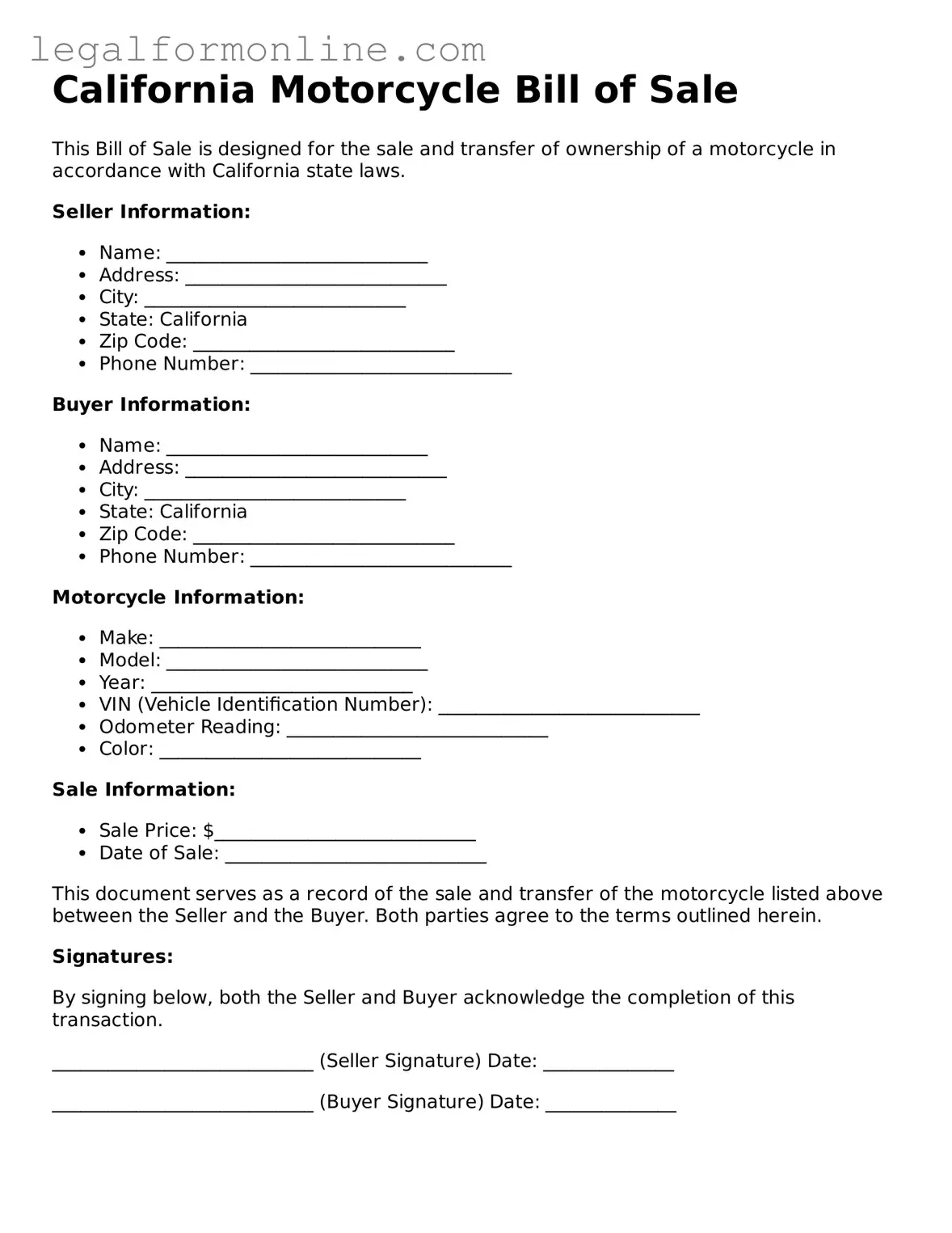  Motorcycle Bill of Sale Form for California