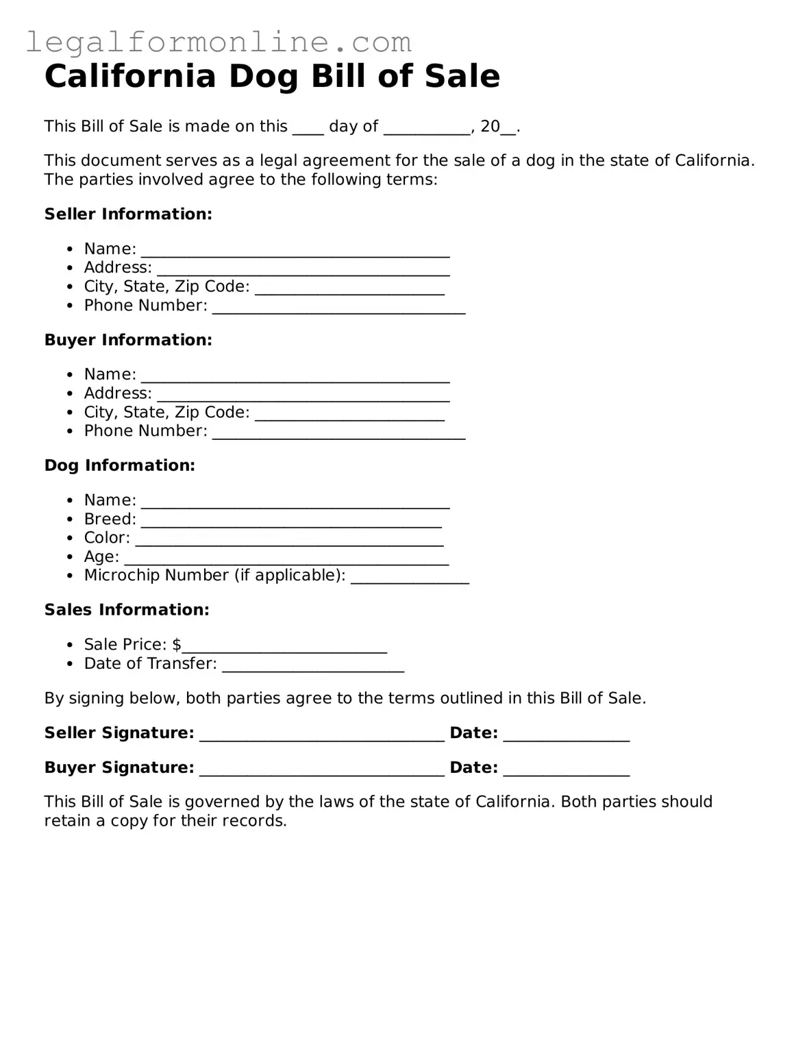  Dog Bill of Sale Form for California