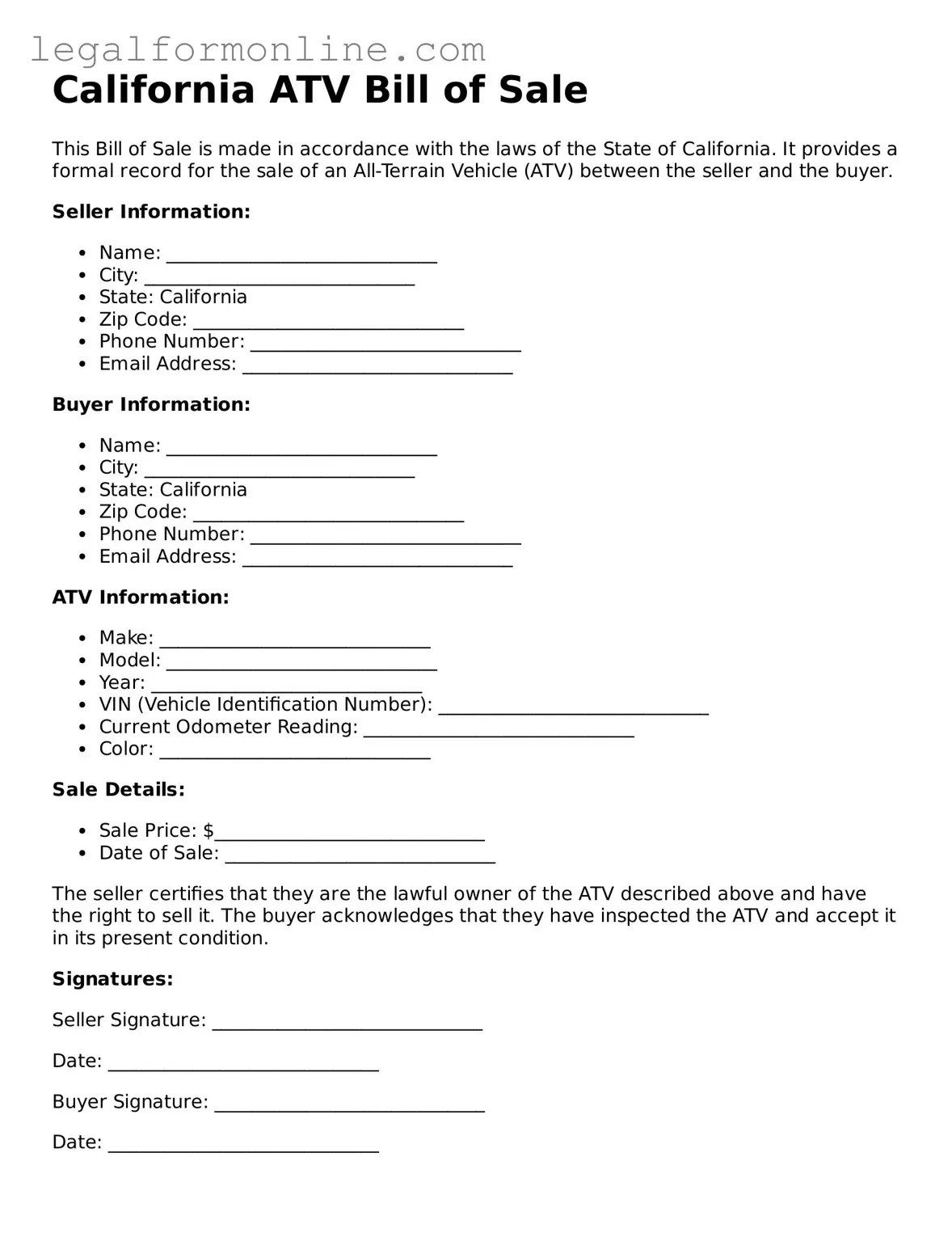  ATV Bill of Sale Form for California