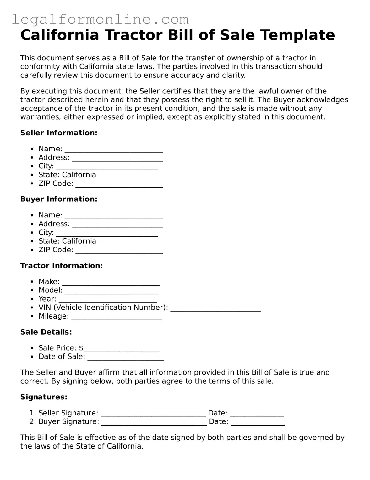  Tractor Bill of Sale Form for California