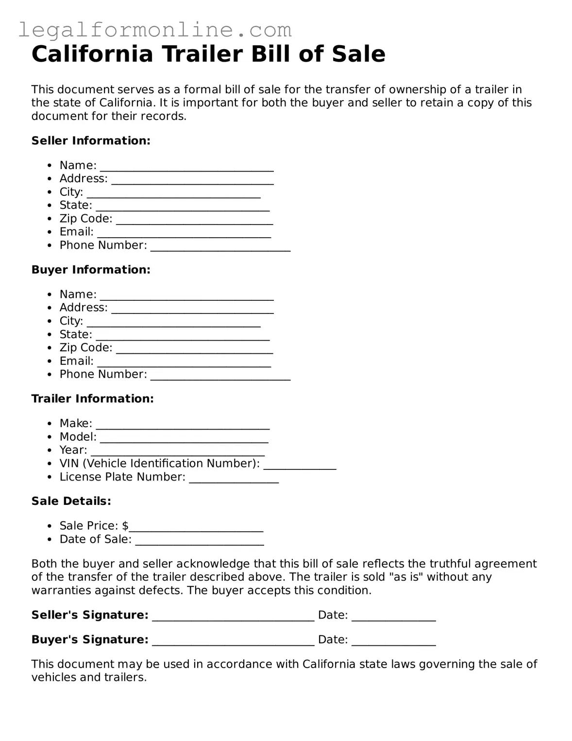  Trailer Bill of Sale Form for California