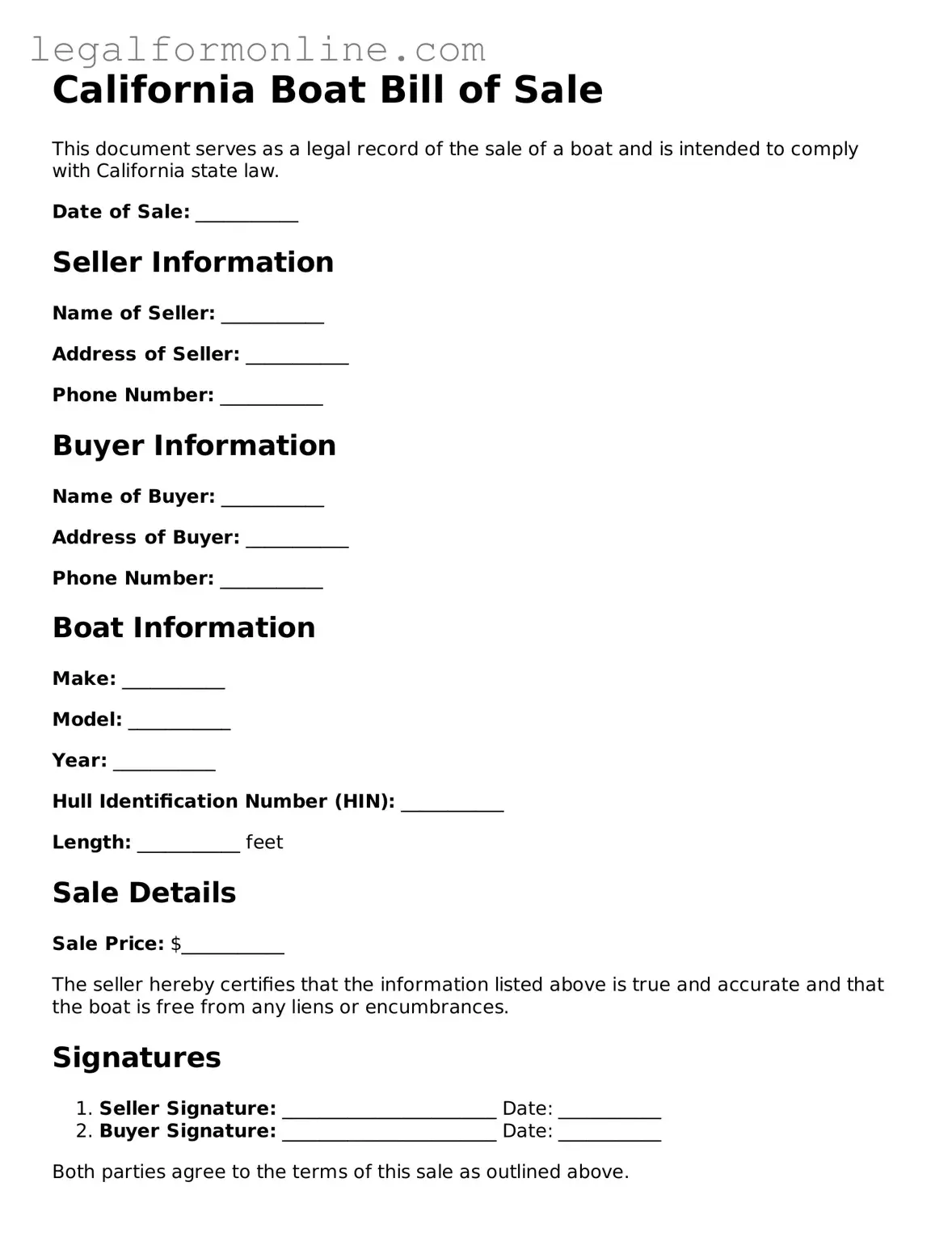  Boat Bill of Sale Form for California