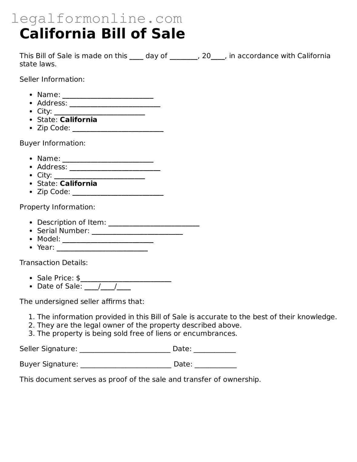  Bill of Sale Form for California