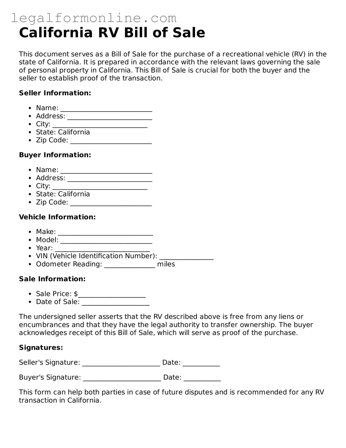  RV Bill of Sale Form for California