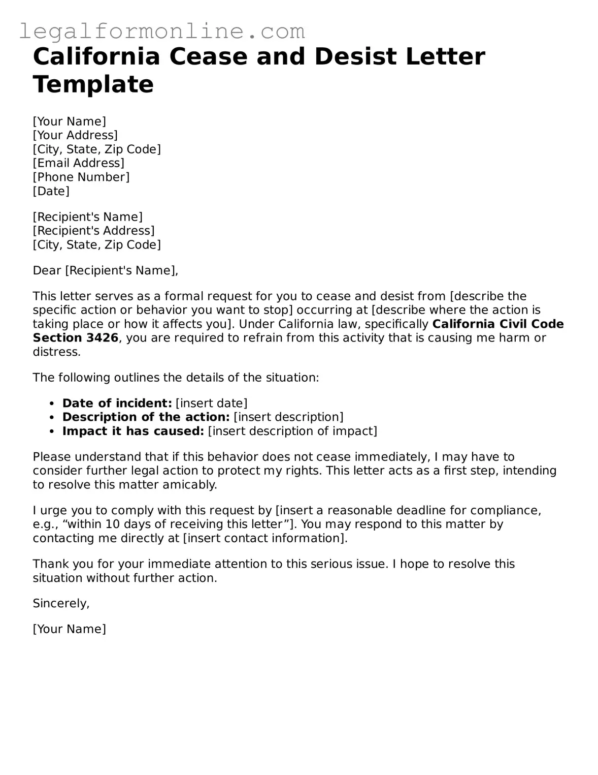  Cease and Desist Letter Form for California