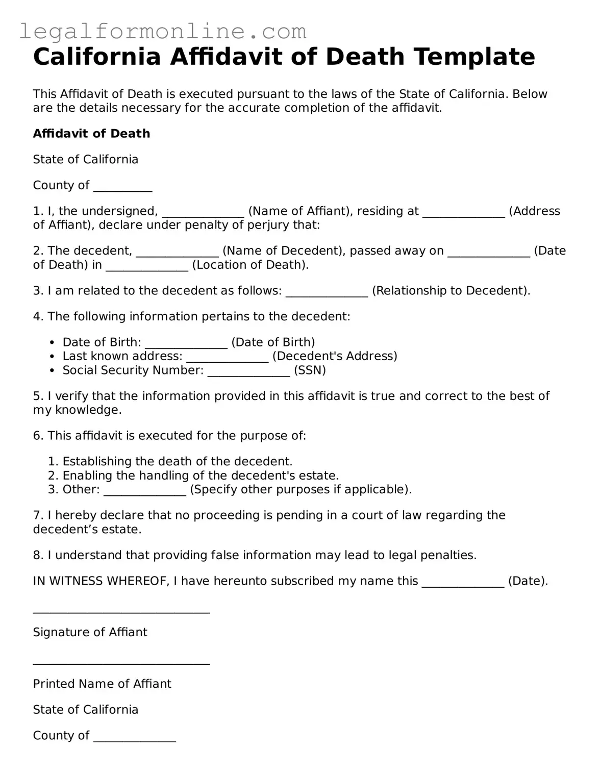  Affidavit of Death Form for California