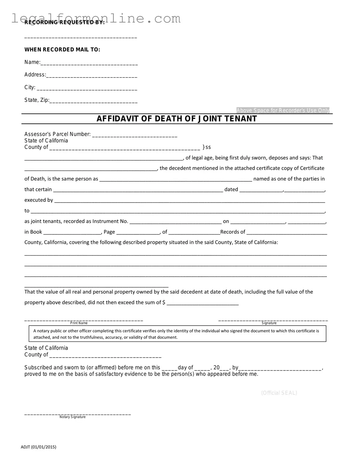 California Death of a Joint Tenant Affidavit Template in PDF