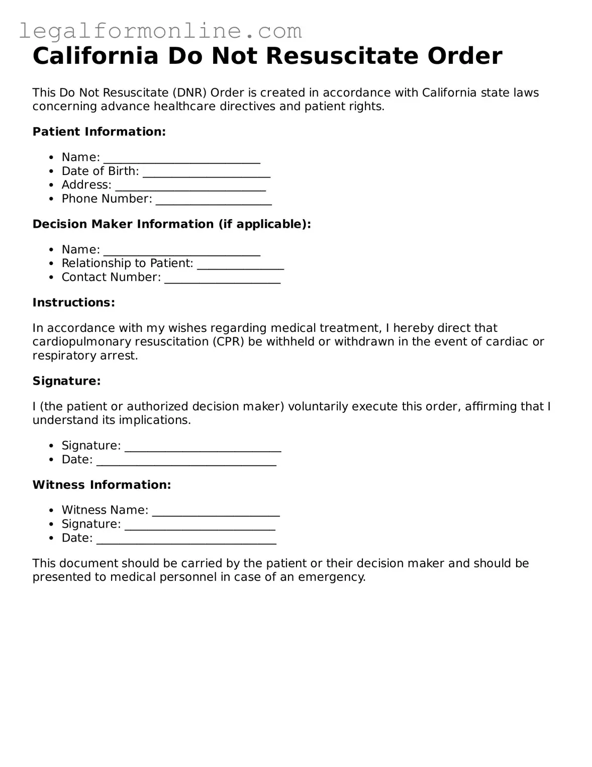 Do Not Resuscitate Order Form for California