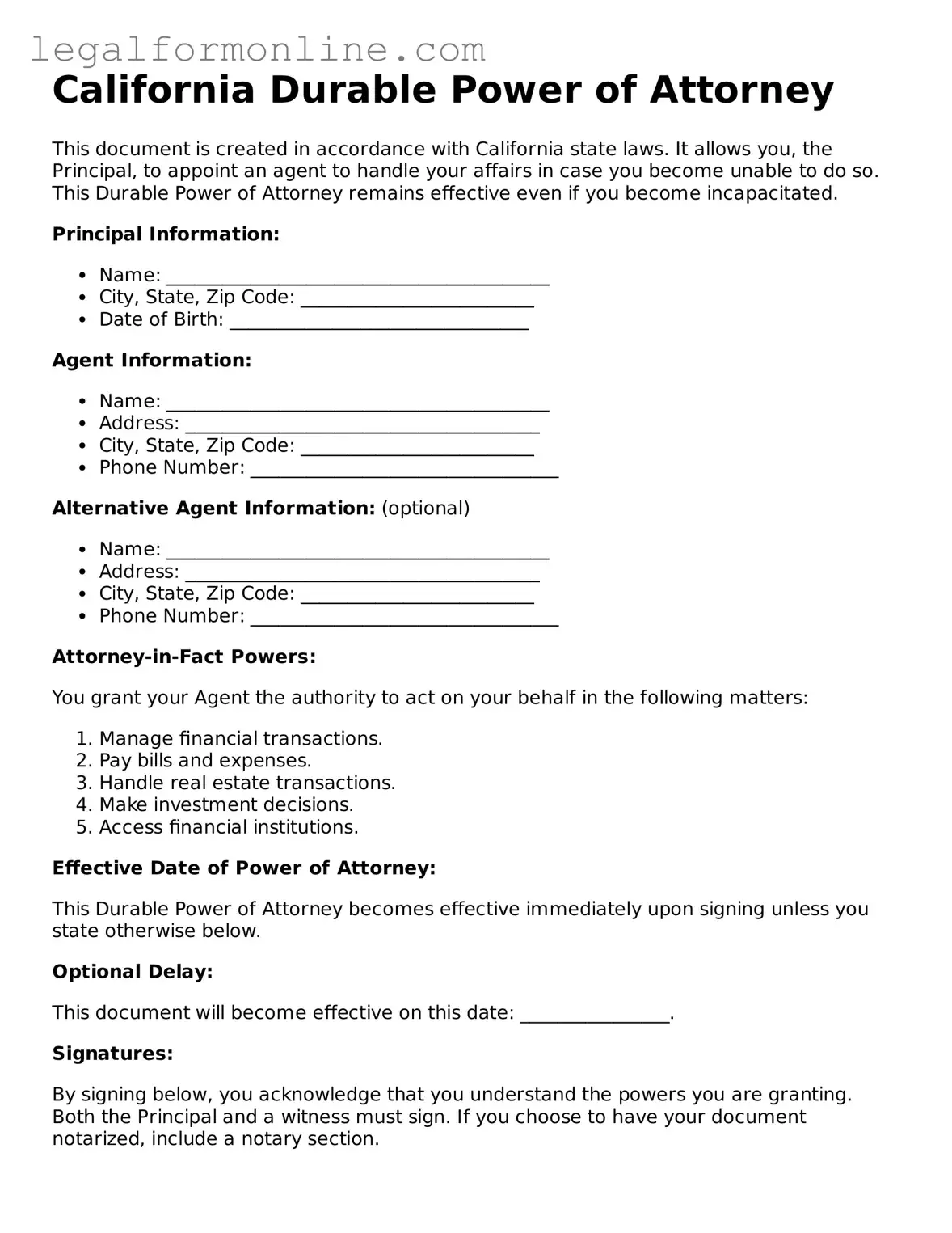  Durable Power of Attorney Form for California