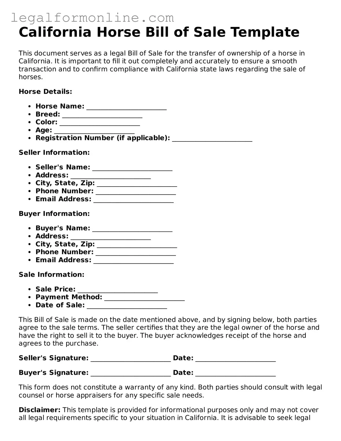  Horse Bill of Sale Form for California