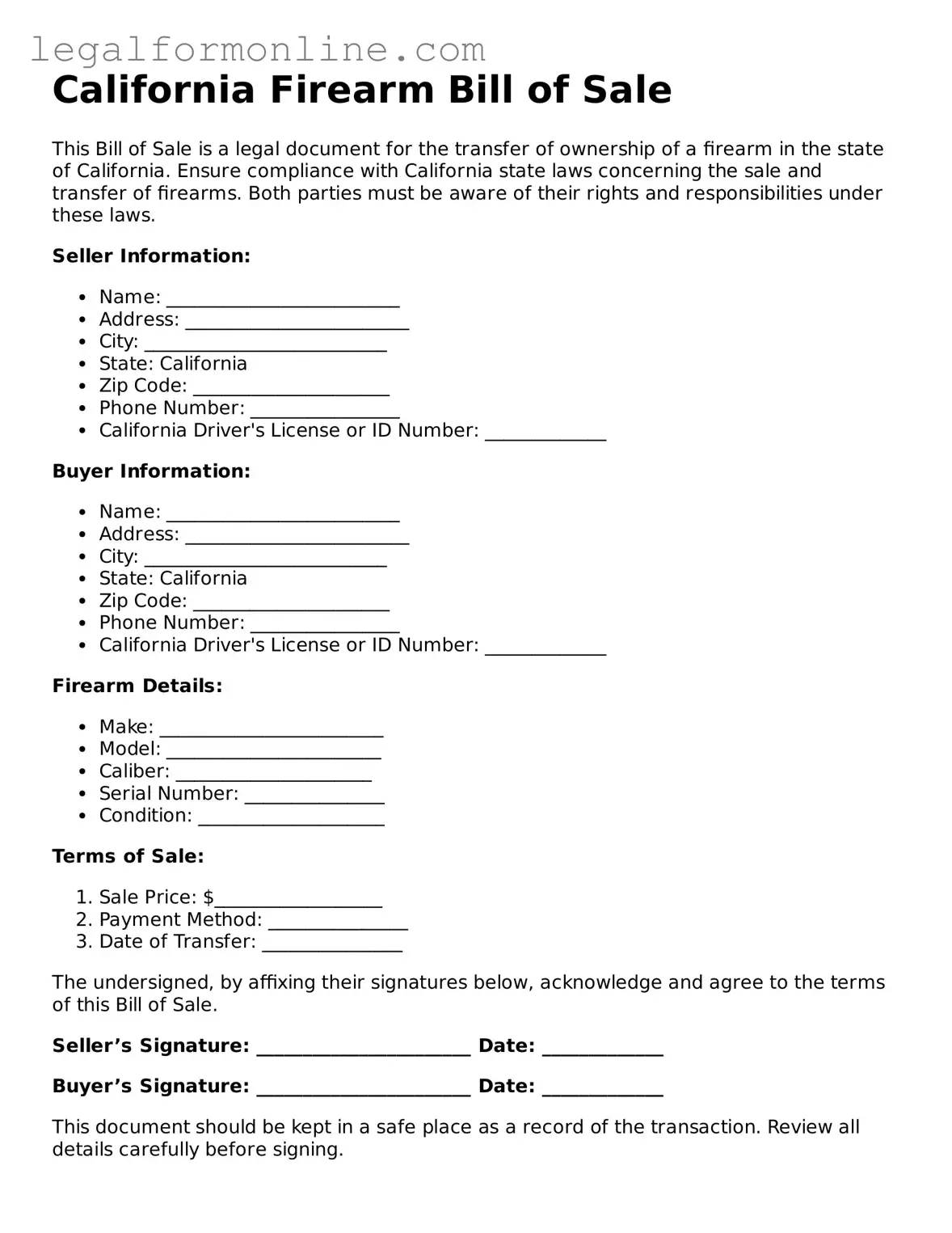  Firearm Bill of Sale Form for California
