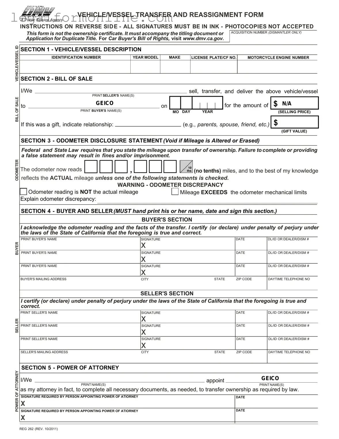 California Fotm Reg 262 Template in PDF