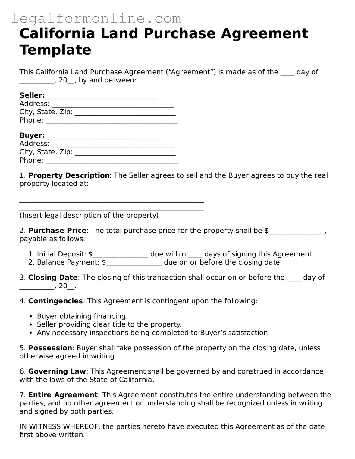  Land Purchase Agreement Form for California