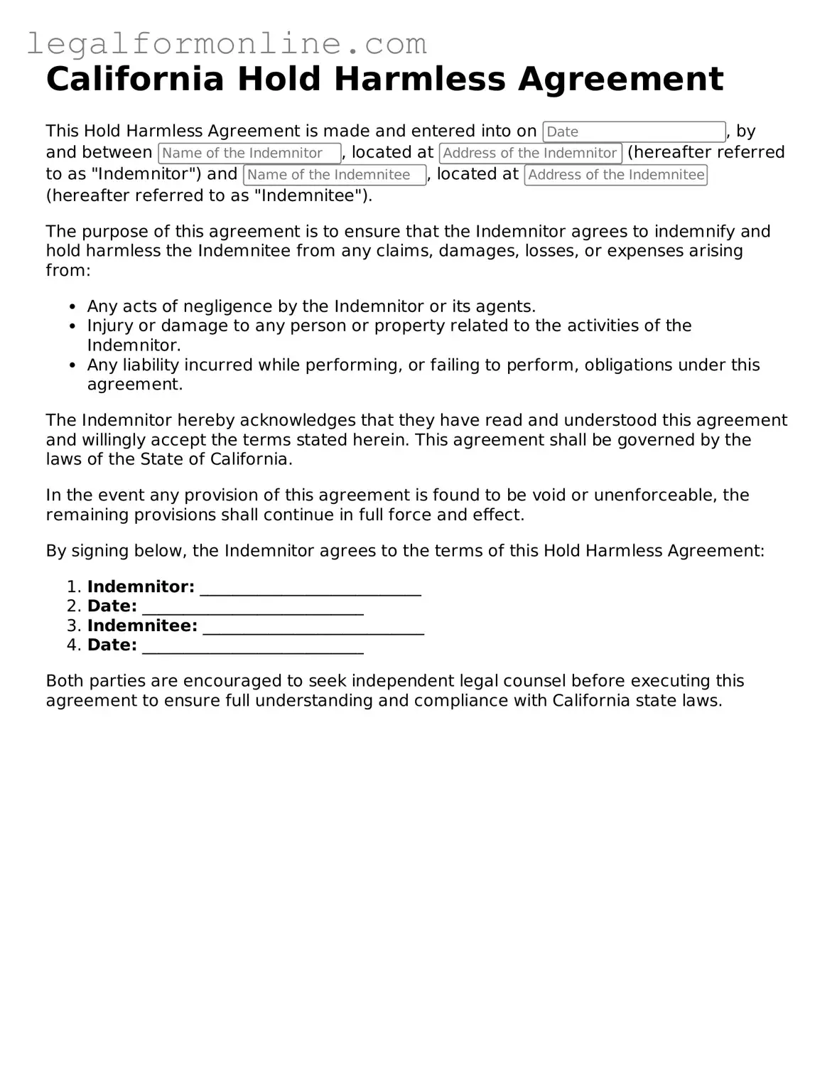  Hold Harmless Agreement Form for California