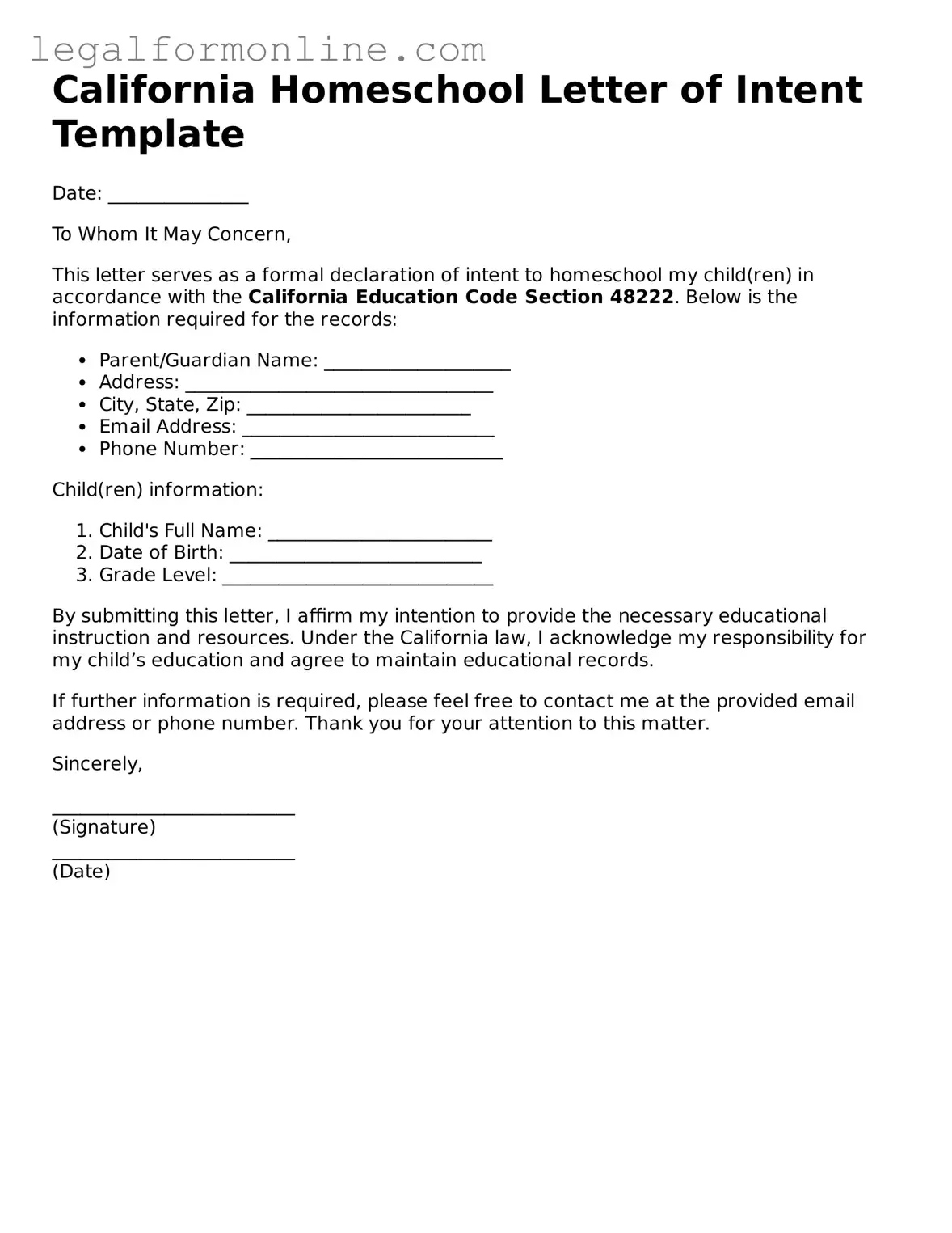  Homeschool Letter of Intent Form for California