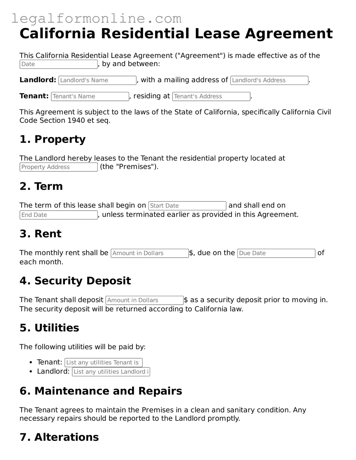  Residential Lease Agreement Form for California