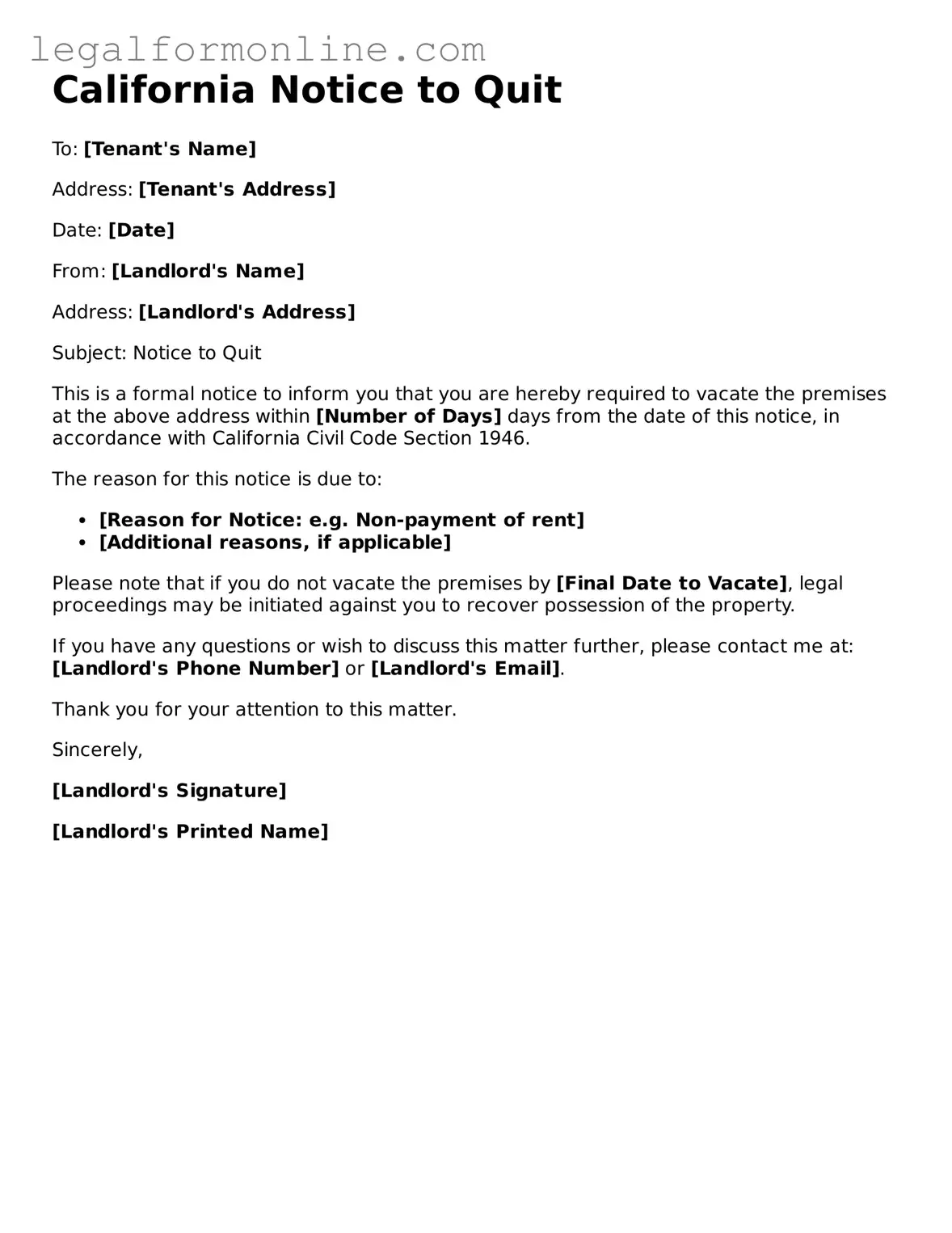  Notice to Quit Form for California