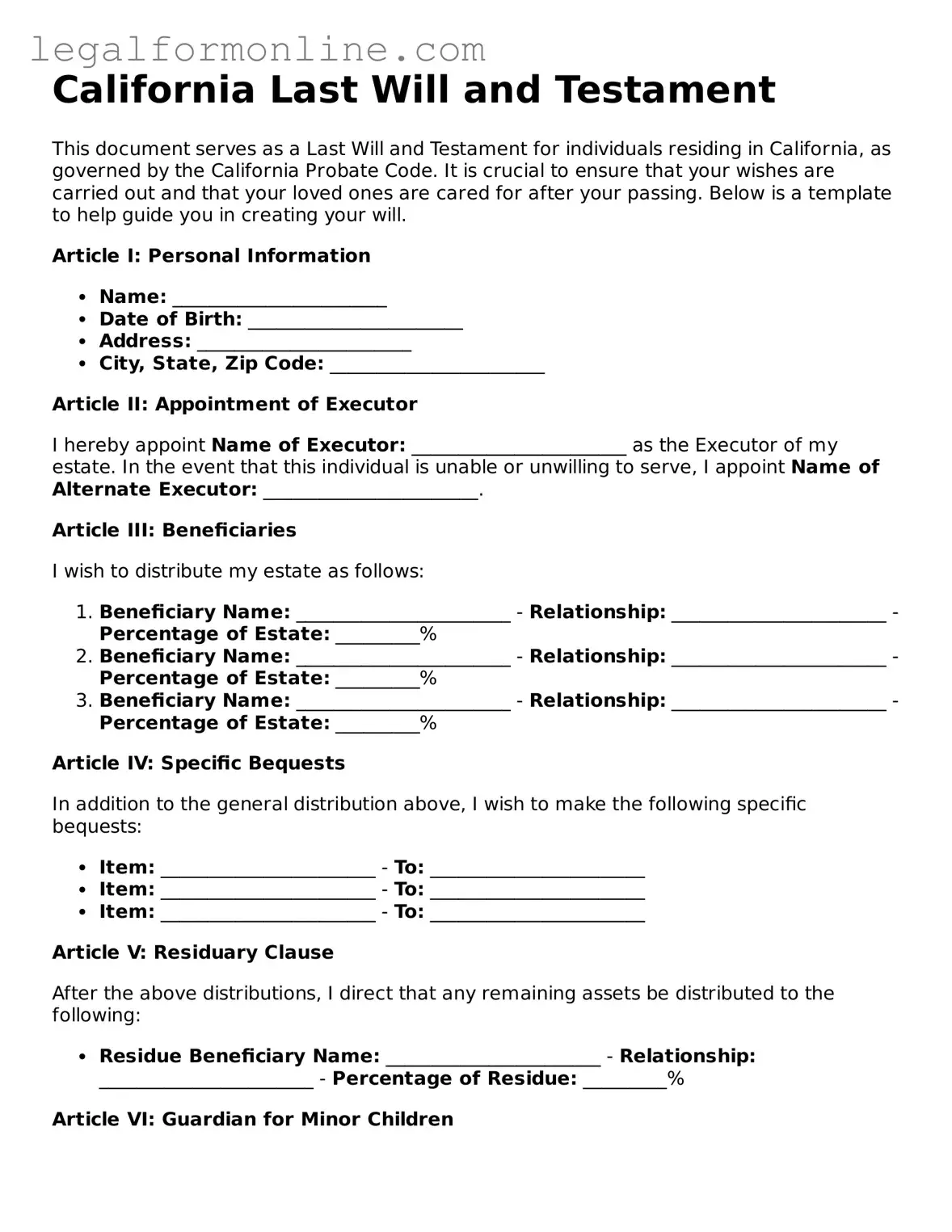  Last Will and Testament Form for California