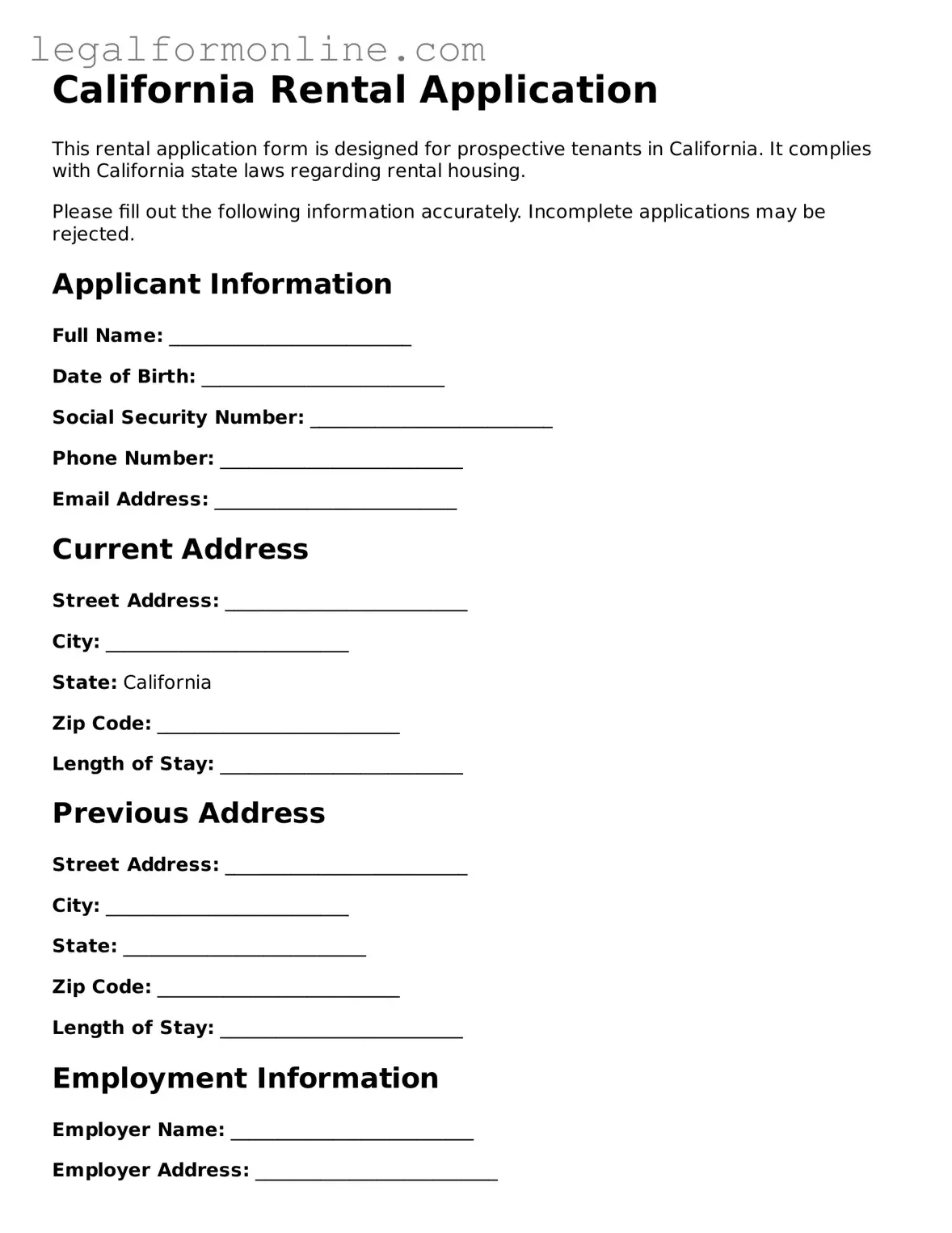 Rental Application Form for California
