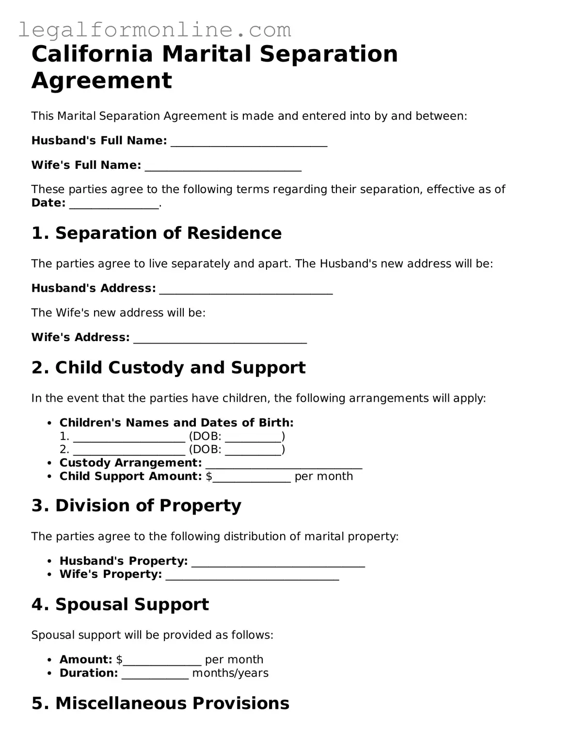  Marital Separation Agreement Form for California