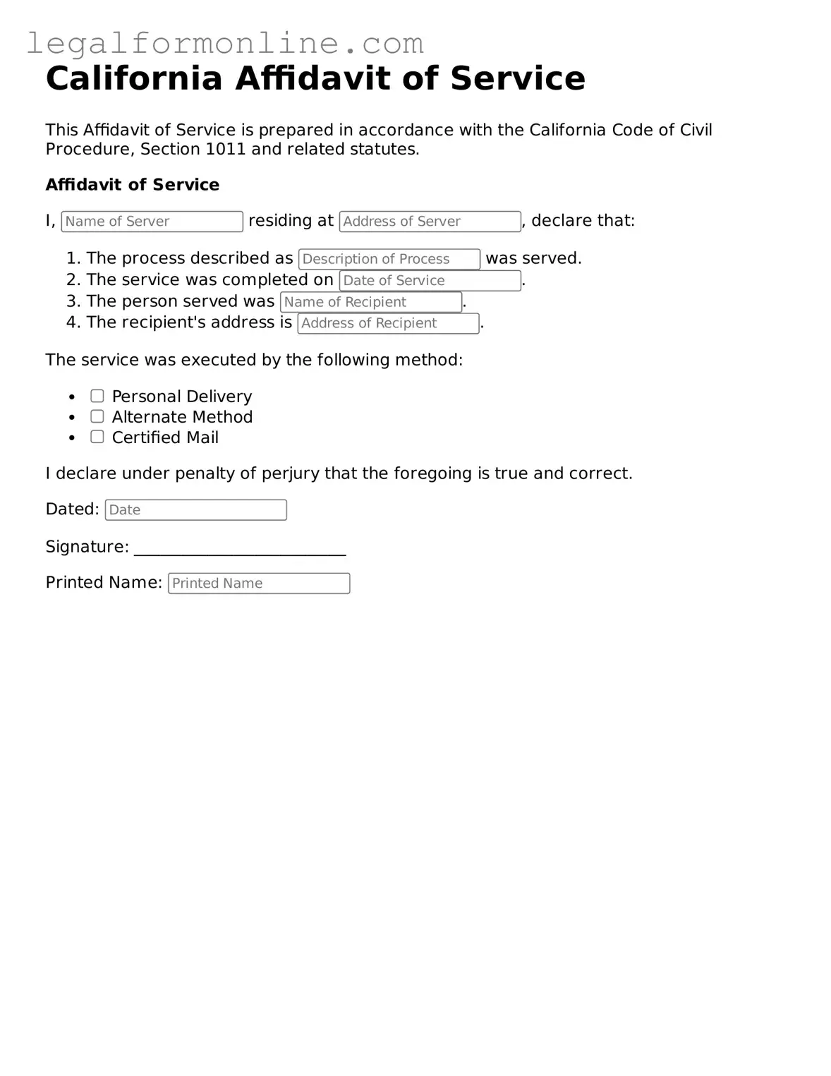  Affidavit of Service Form for California