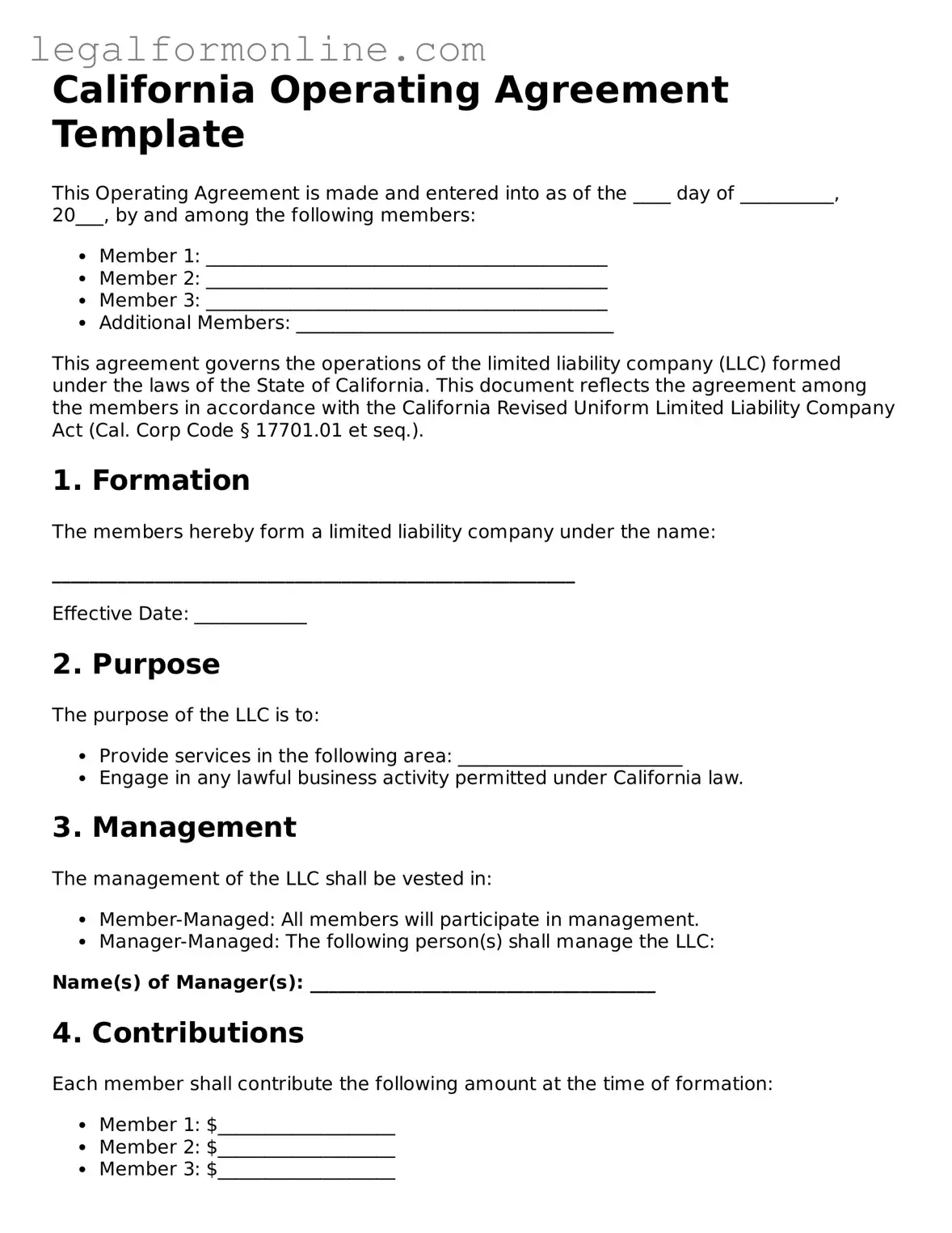  Operating Agreement Form for California