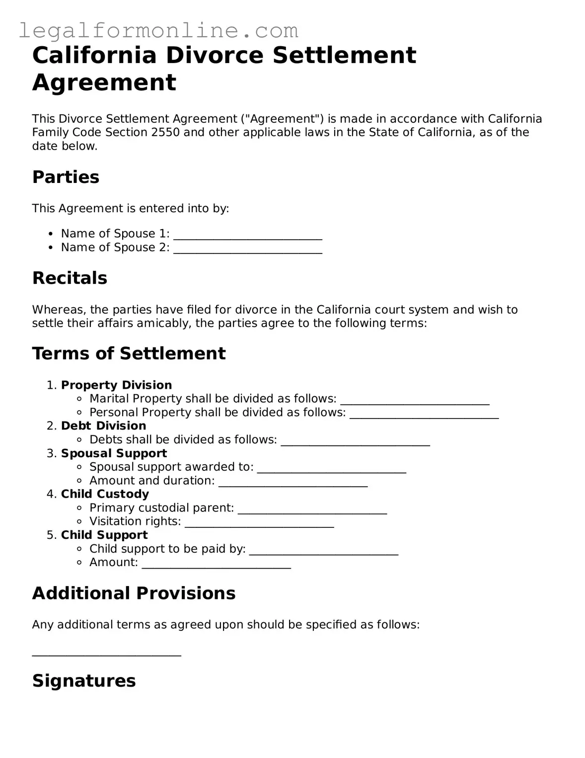  Divorce Settlement Agreement Form for California