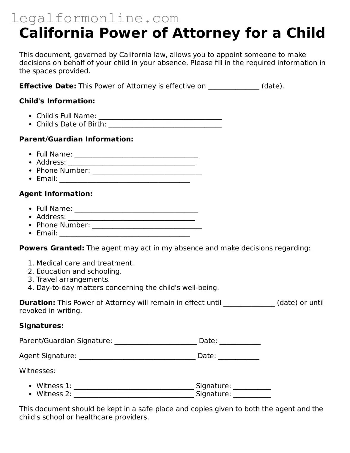  Power of Attorney for a Child Form for California