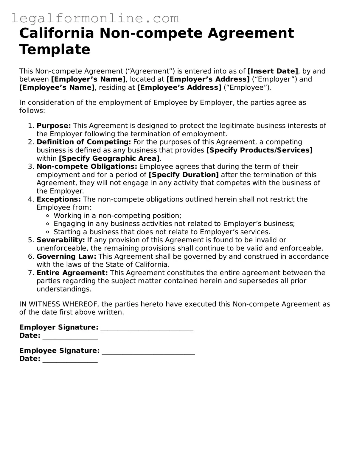  Non-compete Agreement Form for California