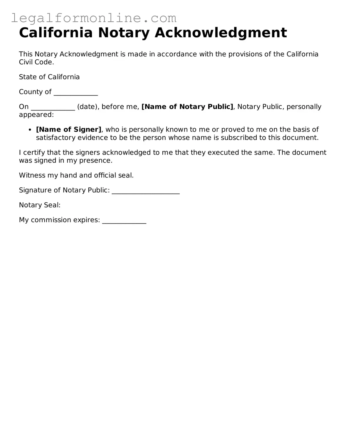  Notary Acknowledgement Form for California