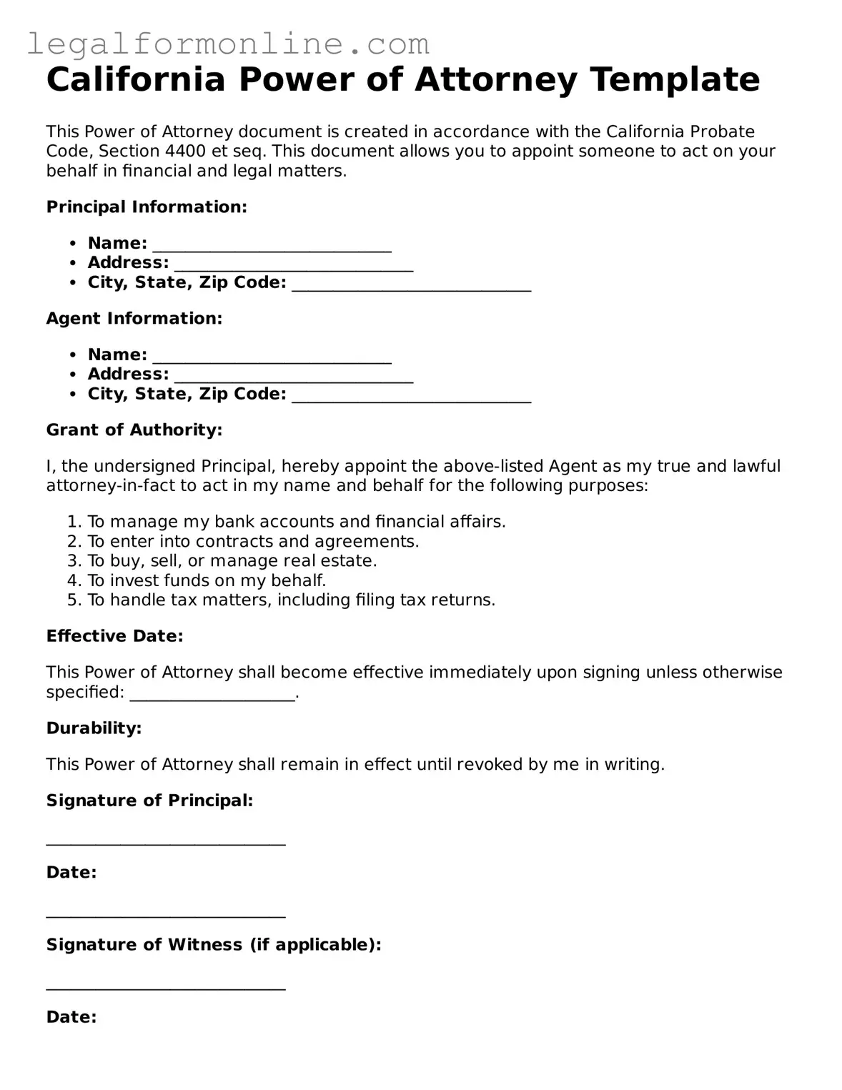  Power of Attorney Form for California