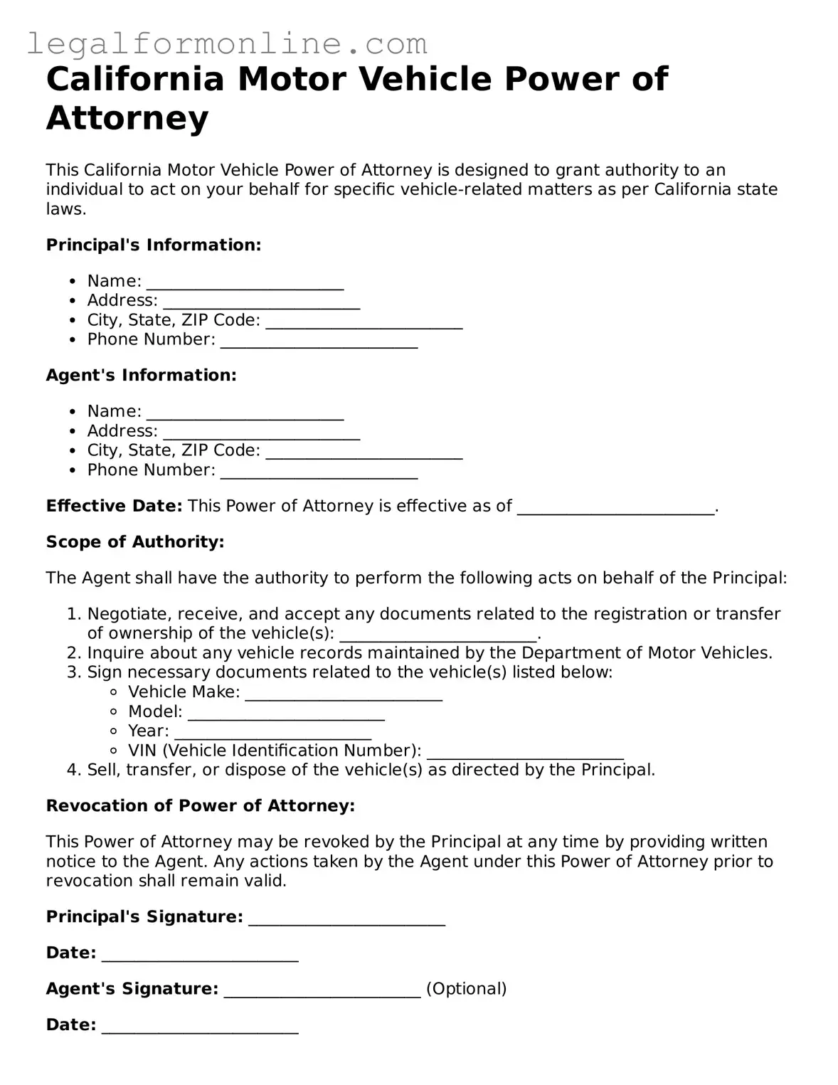  Motor Vehicle Power of Attorney Form for California