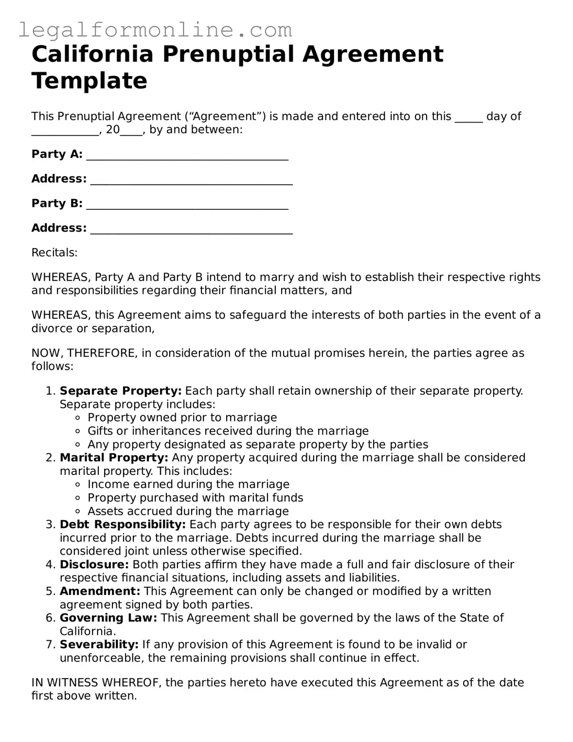  Prenuptial Agreement Form for California