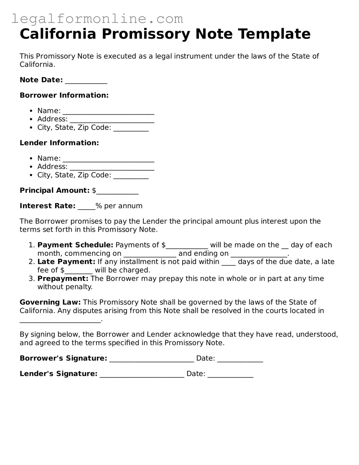  Promissory Note Form for California