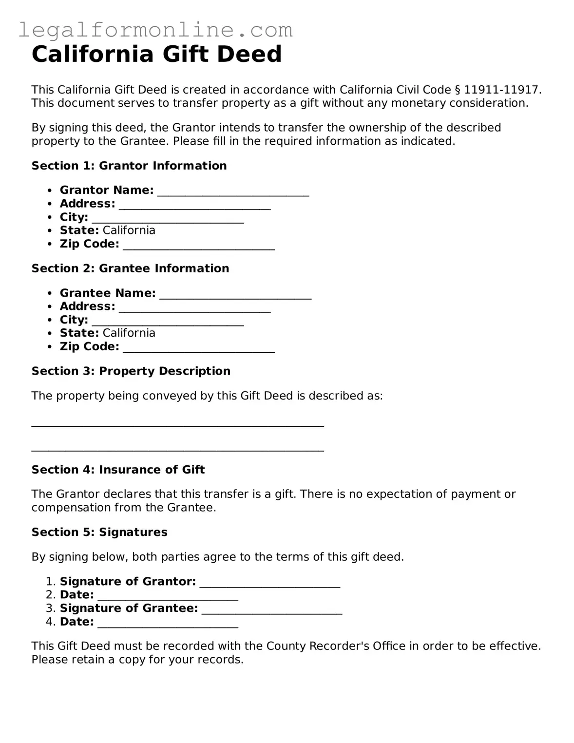  Gift Deed Form for California